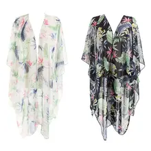 Women Travel Outdoor Half Sleeves Chiffon Kimono Cape Bohemian Colorful Tropical Leaves Floral Printed Cardigan Semi-Sheer Loose novelty collarless half sleeves high low tassel embellished kimono for women