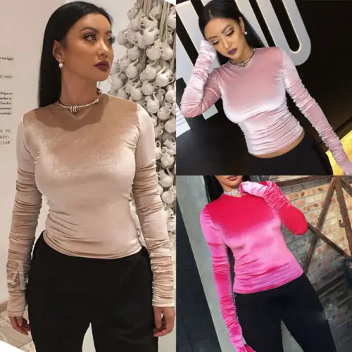 

Sexy Long Sleeve Shirt Women Velvet Tshirt Warm Velour Tee Body Tops Femme Skinny Basic T-shirts Blusas Feminina