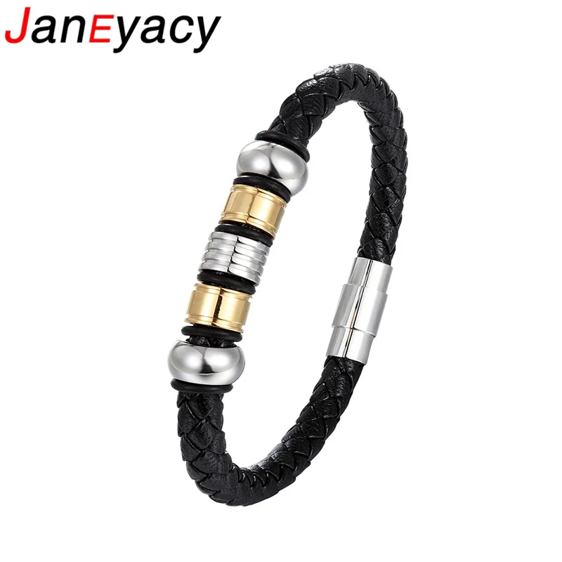 

Janeyacy Punk Men Jewelry Black Leather Bracelet Pulsera Stainless Steel Magnetic Clasp Fashion Bangles Homens Pulseira 19/21cm