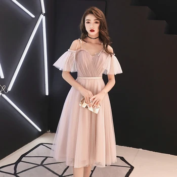 

Long Cocktail Dresses With Sleeves Pink Homecoming Party Mesh Dress Sexy Women Off Shoulder Graduation Gown Robe De Soire