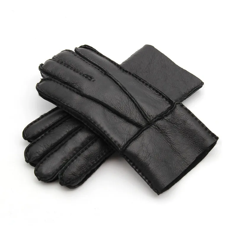 Зимние мужские перчатки из натуральной кожи теплые перчатки из овечьей шерсти - Цвет: Черный