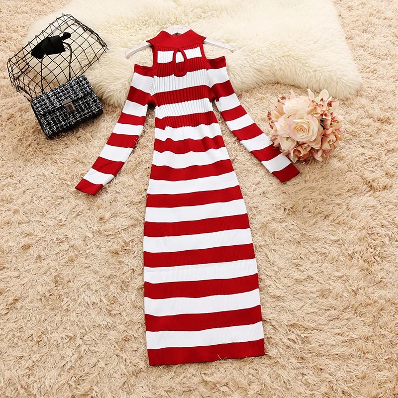 

2018 winter new female halter hollow out long sleeve knit sheath dress women's striped waist elegant package hip knitted dresses