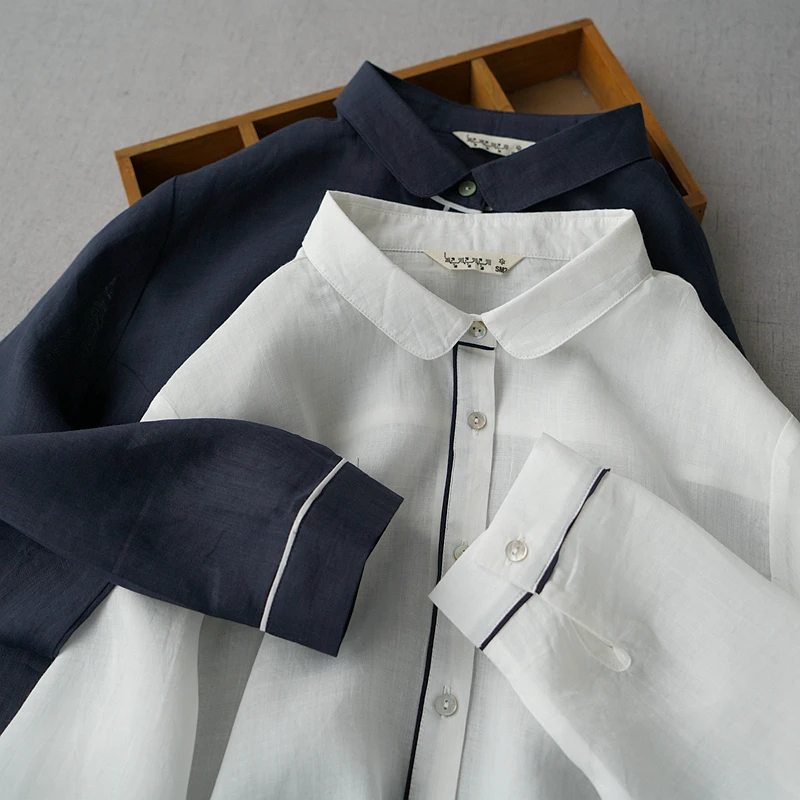 

Spring Summer Women Casual Loose Plus Size Mori Girls Sunscreen Comfortable Basic Ramie Shirts/Blouses