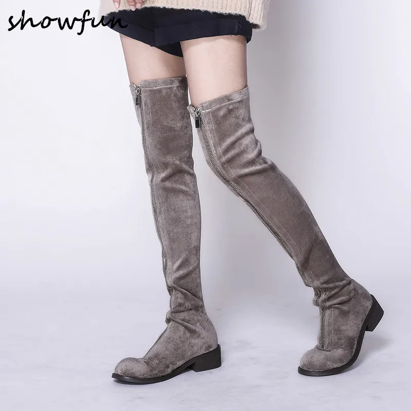 

Plus Size 33-43 Women's Flock Winter Over The Knee Boots Brand Designer Front Zip Cold Weather Long Boots Flats Autumn Shoes Hot