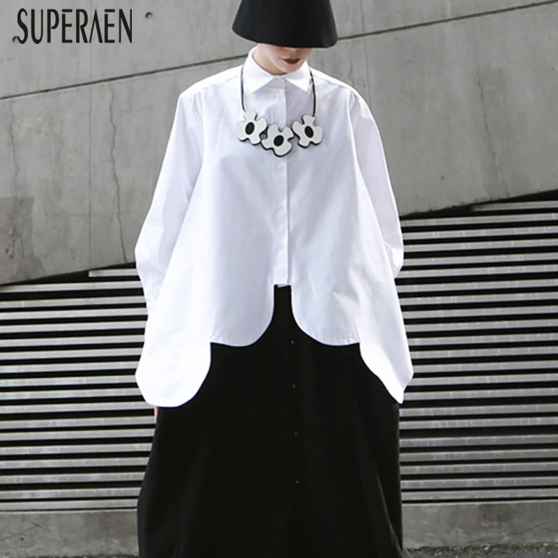 

SuperAen 2019 Fashion Women Shirt Solid Color Cotton Casual Blouses and Tops Female Irregular Long Sleeve Women Clothing