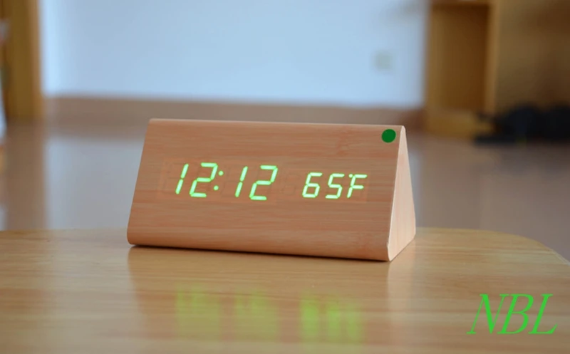

Bamboo Wooden Desk Clock Color LED Thermometer Originality Desktop Alarm Clocks Despertador Snooze  Sound Control Sensing