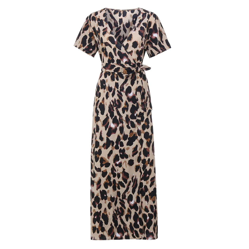Платья размера плюс для женщин 4Xl 5Xl винтажное леопардовое платье с длинным v-образным вырезом свободного кроя с поясом и коротким рукавом# B