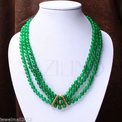 

ddh001418 7mm green REAL Malay Jade bead multi 3 rows rhinestone golden silver necklace