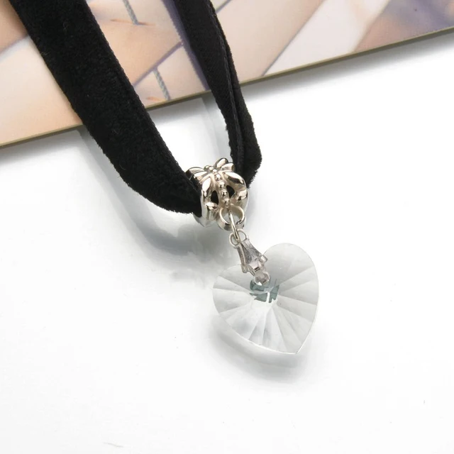 Black Choker Necklace with Crystal Heart Shaped Pendant Ribbon For Women