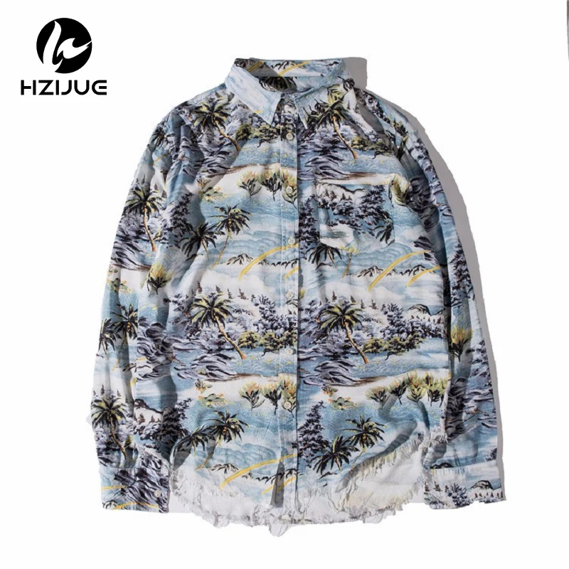 

HZIJUE Printing Single Breasted Fashion Mens Shirt 2016 New Turn-down Collar Unlock Hem Shirts Men Man Clothes G-dragon