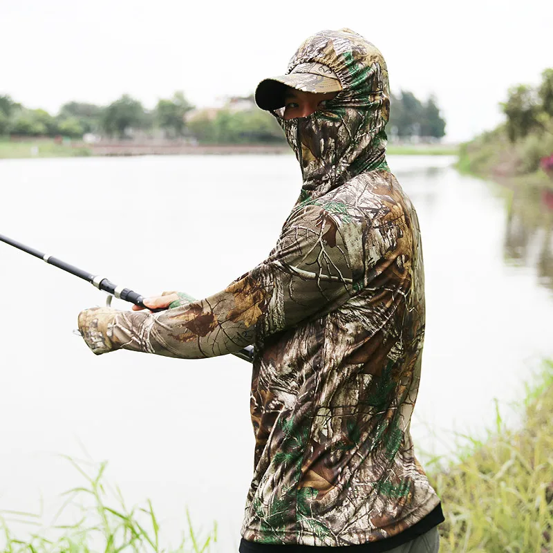 

Summer Breathable Quick-Drying Bionic Camouflage Long Sleeve T-Shirt Tops Men Hunting Fishing Hiking Sunscreen Hooded T-Shirts