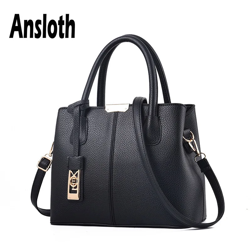 

Ansloth PU Leather Handbag Women Sequined Pendant Shoulder Bag Lady Solid Color Crossbody Bag And Handbag Female Tote HPS612