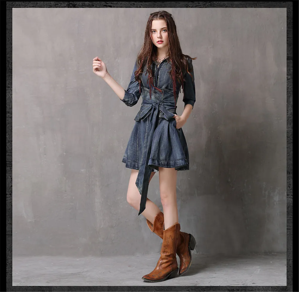 Vintage Summer Sashes Dress 2018 New Denim Three Quarter Sleeve  Dresses Turn-down Collar A-line Single Breasted Vestios (9)
