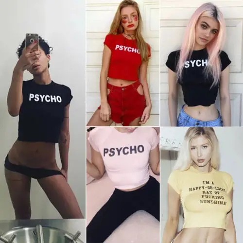 PSYCHO с буквенным принтом 2018 модные летние кроп Топы женские повседневные