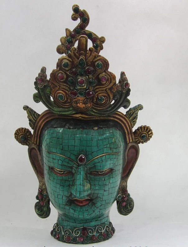 

S0902 Tibet Copper inlay Turquoise Ruby Gem Kwan-yin Guan Yin Head Bodhisattva Statue D0318