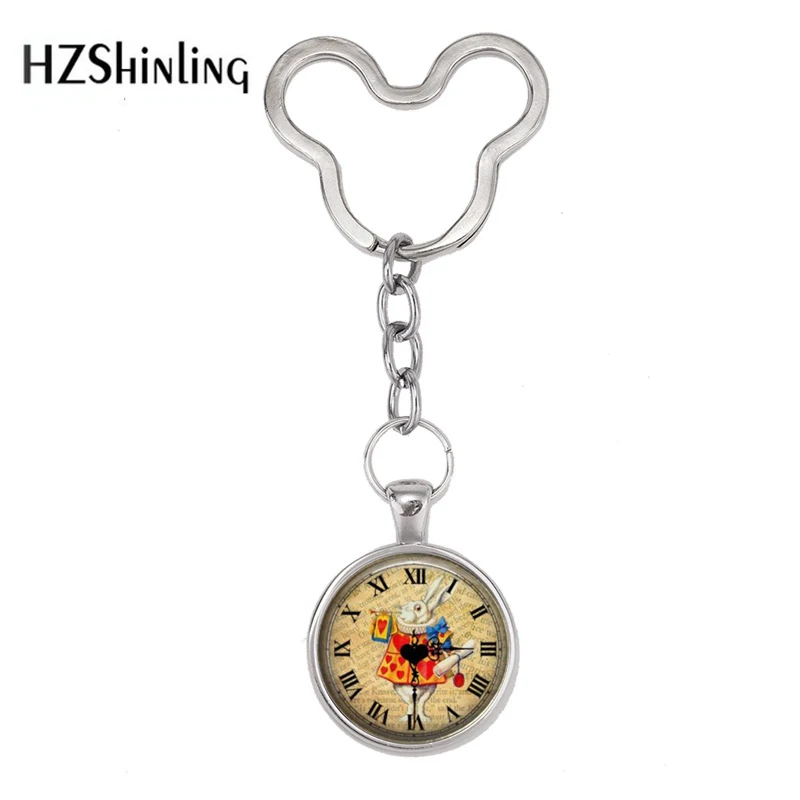 

2018 New Design Alice in Wonderland Keyrings Handmade Pendant Girls Mouse Head Keychain Art Glass Cabochon Necklace for Women