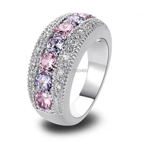 Women Rings Fashion Pink Topaz & Amethyst 925 Silver Band Ring Size 6 7 8 9 10 11 12  Round Cut New Jewelry Gift  Wholesale