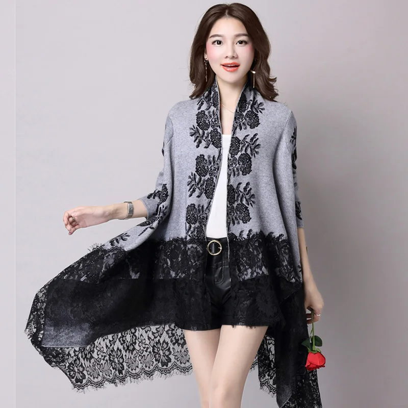 

New Long Hem Lace Printing Irregular Oversized Sweater Shawl Women Overcoat Casual Knitted Cardigan Coat Lady Poncho Outfit 1037