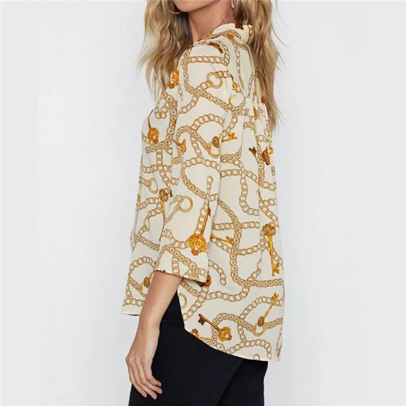 

Womens Spring Plus Size 3/4 Sleeves Loose Chiffon Blouse Vintage Metal Chain Printed Lapel Collar Shirt Button Down Asymmetric C