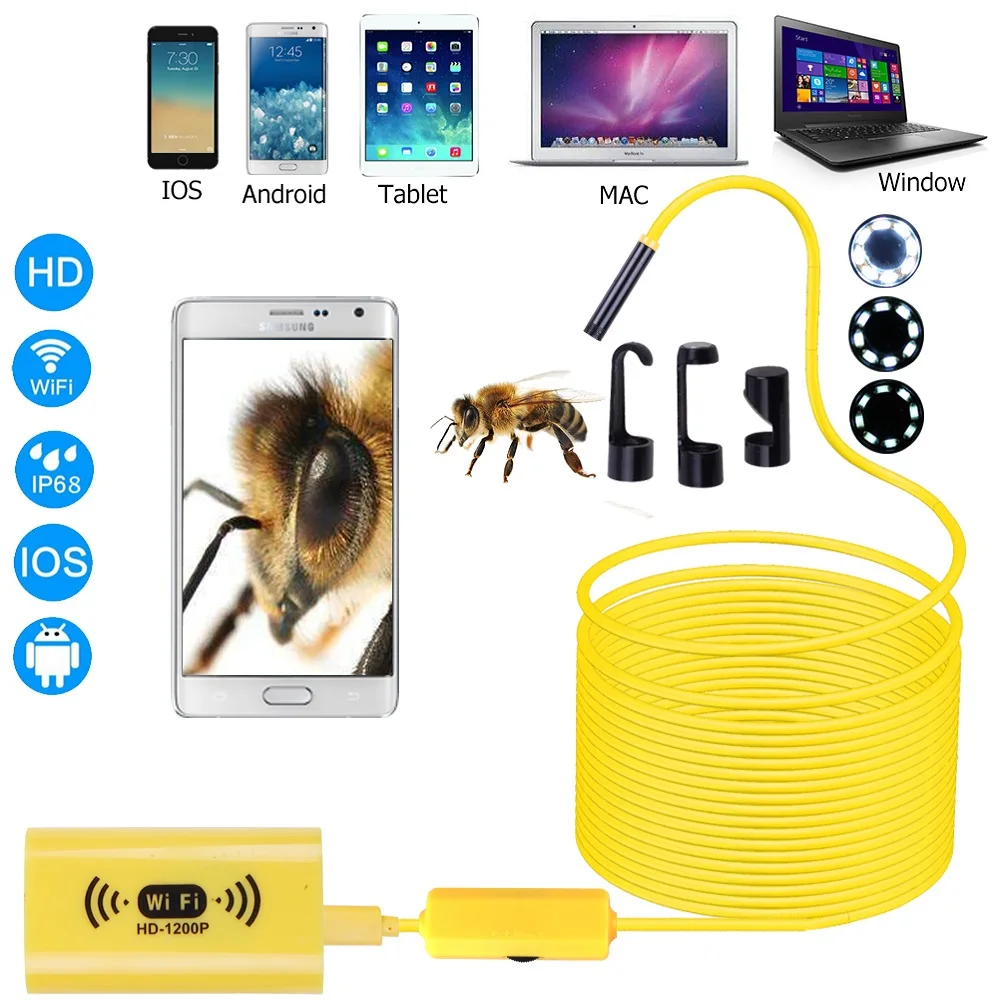 

WIFI Endoscope HD1200P 8MM lens Endoscopy Camera Waterproof Inspection Borescope 1m/2m/5m/10m Soft/Hard for smart phone yellow