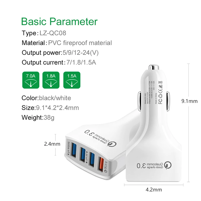 4USB автомобильного прикуривателя телефон QC 3,0 быстрая Зарядное устройство 5V 9V 12V Универсальный дорожный автоматический электронный зарядных устройств