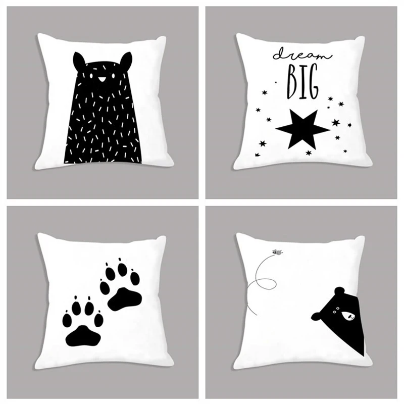 

Black White Bear Paw Decorative Cushion Cover Alphabet Nursery Quote Print Nordic Seat Cushion Throw Pillow Case for Sofa