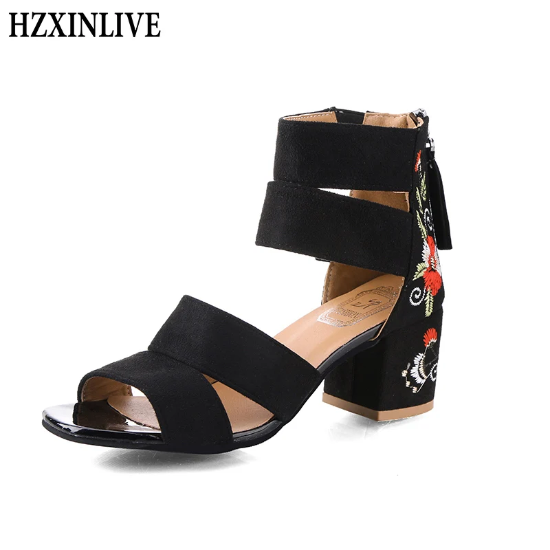

HZXINLIVE 2019 Shoes Women New Summer Red Embroider Sandals High Heel Wedges Sexy Zip Female Cover Heel Women Sandals Size 35-40