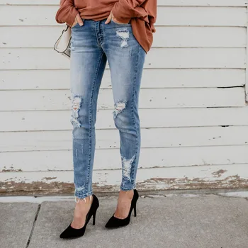 

New Ultra Stretchy Blue Tassel Bleached Ripped Jeans Woman High Waist Hole Denim Pants Trousers for Women Pencil Skinny Jeans OL