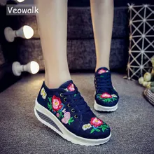 Veowalk цветочный вышивка женская мода холст на плоской платформе кружево до дамы повседневное комфорт спортивная обувь женские ботинки-криперы