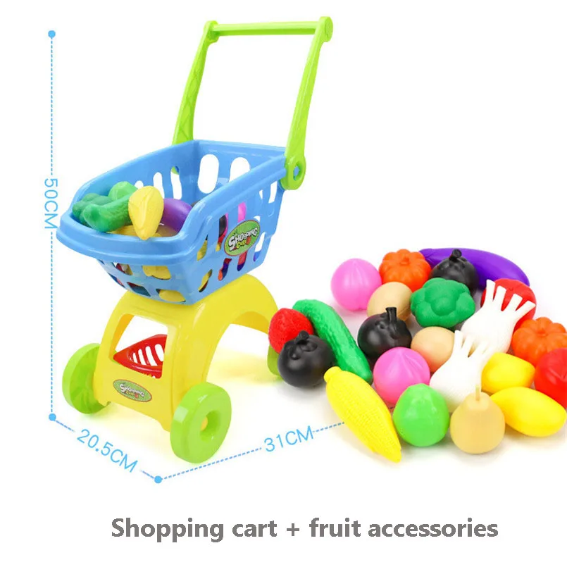 Kids Supermarket Shopping Groceries Cart Trolley Toys For Girls Kitchen Play House Simulation Fruits Pretend Baby Toy 25Pcs/Set