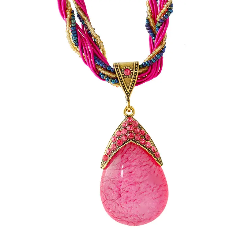 F& U винтажное ювелирное ожерелье модное популярное ретро богемное стильное многослойная цепочка с бусинами хрустальное ожерелье в форме капли - Окраска металла: pink