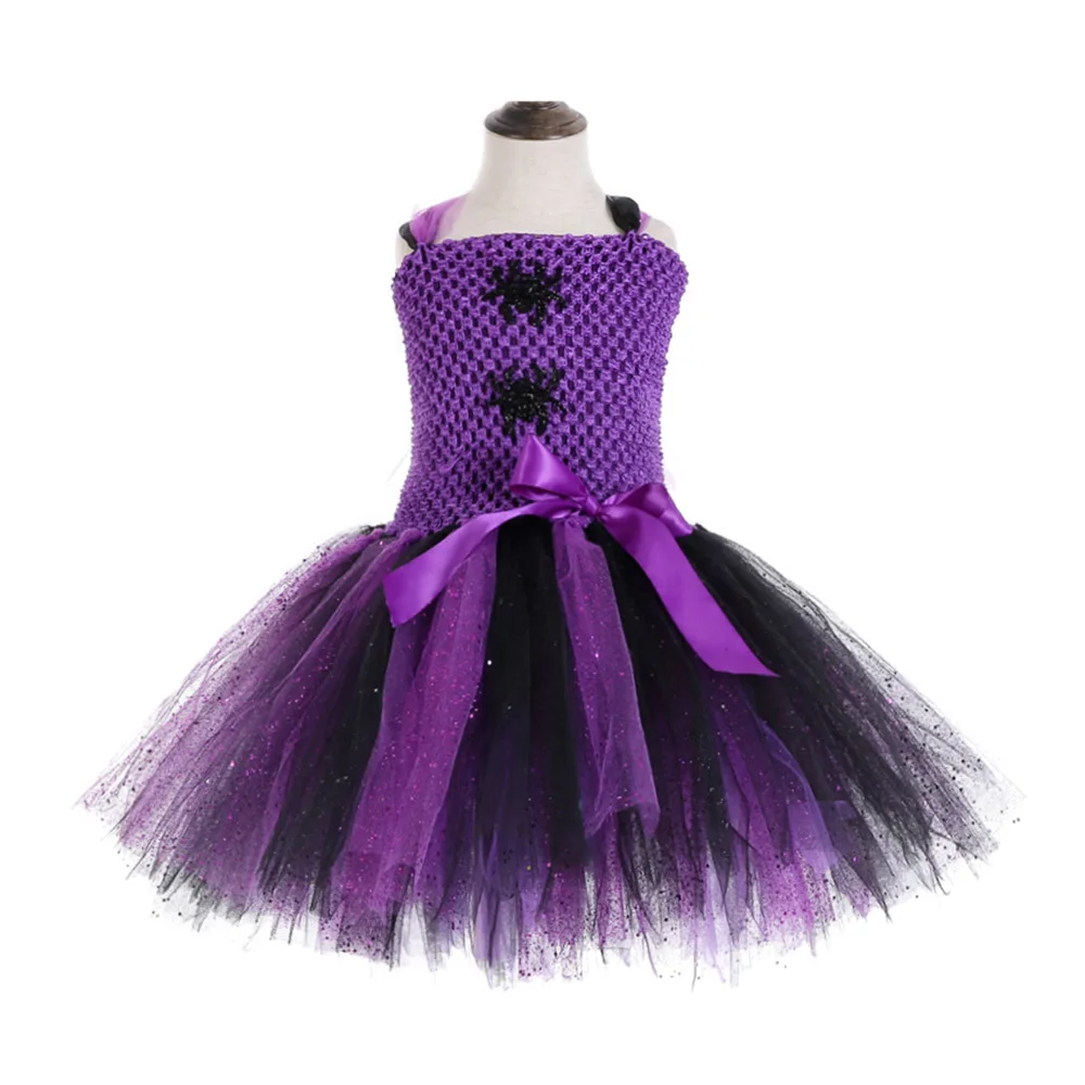 

Black Elegant Girls Polka Dot Mesh Patchwork Dress Spider Pattern Knee Length Halloween Costume for Kids Spider-man Tutu Dress