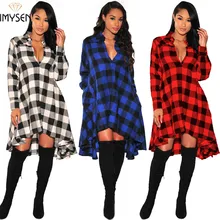 Fashion IMYSEN Women’s Plaid Shirts Ladies Blouses New Loose Irregular Long Tops Women Turn-down Collar 2017 Spring Fall Winter