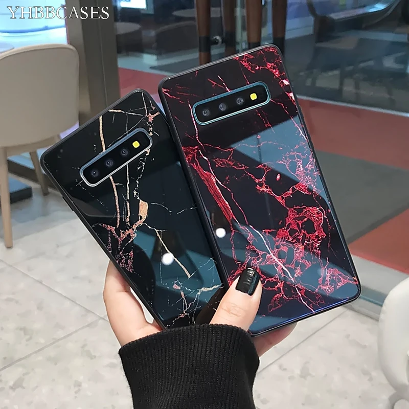 

YHBBCASES Fashion Tempered Glass Case For Samsung Galaxy S10 5G S8 S9 Plus Couples Retro Marble Phone Cover For Samsung Note 8 9