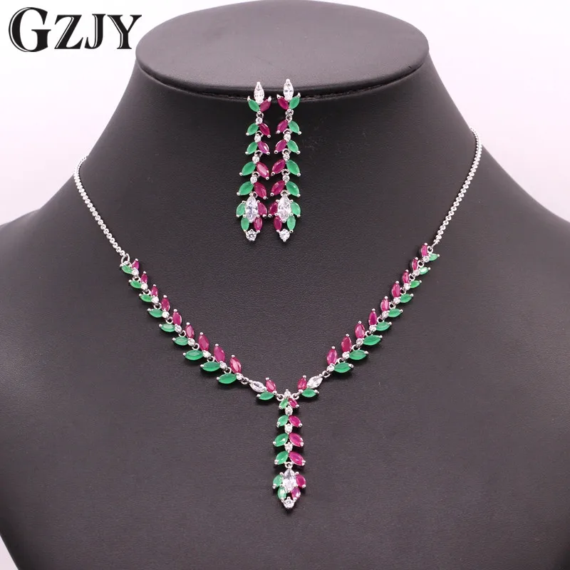 GZJY Fashion White Gold Color Red&Green Zircon Bridal Necklace Earrings Jewelry Set For Women Wedding Engagement Party Jewelry GZJY Fashion White Gold Color Red&Green Zircon Bridal Necklace Earrings Jewelry Set For Women Wedding Engagement Party Jewelry