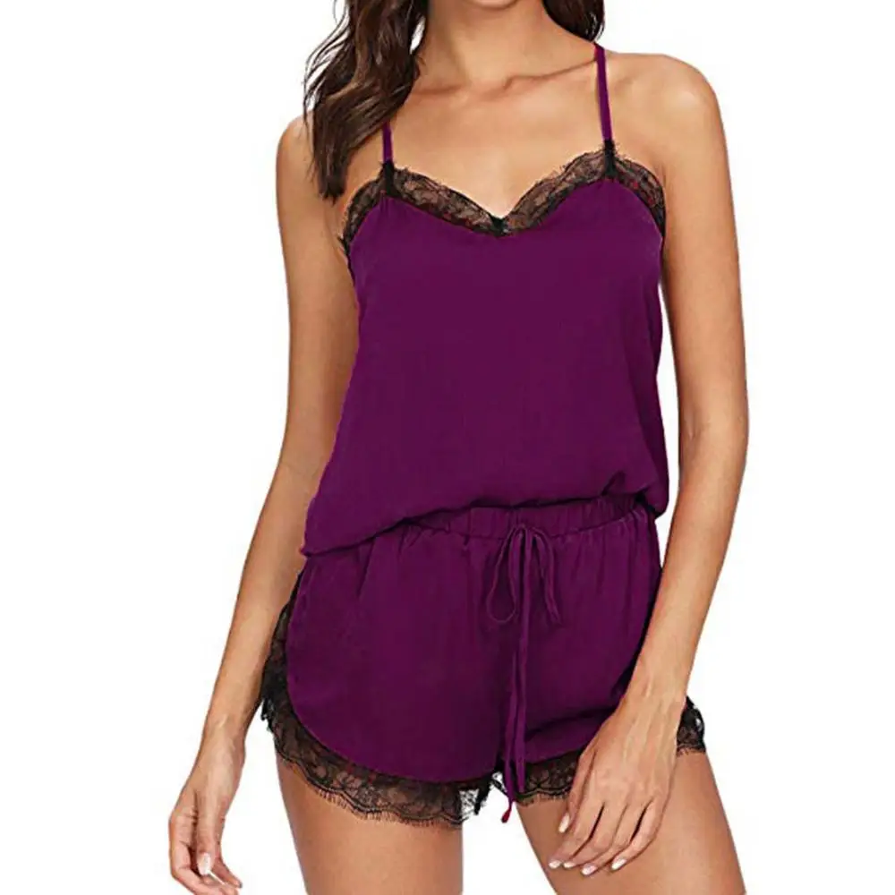 Women's Sleepwear Set Sexy Satin Pajama Top And Black Lace Shorts With V-neckline Beautiful Sleeveless Pajama Set lingerie B4 Women's Sleepwear Set Sexy Satin Pajama Top And Black Lace Shorts With V-neckline Beautiful Sleeveless Pajama Set lingerie B4