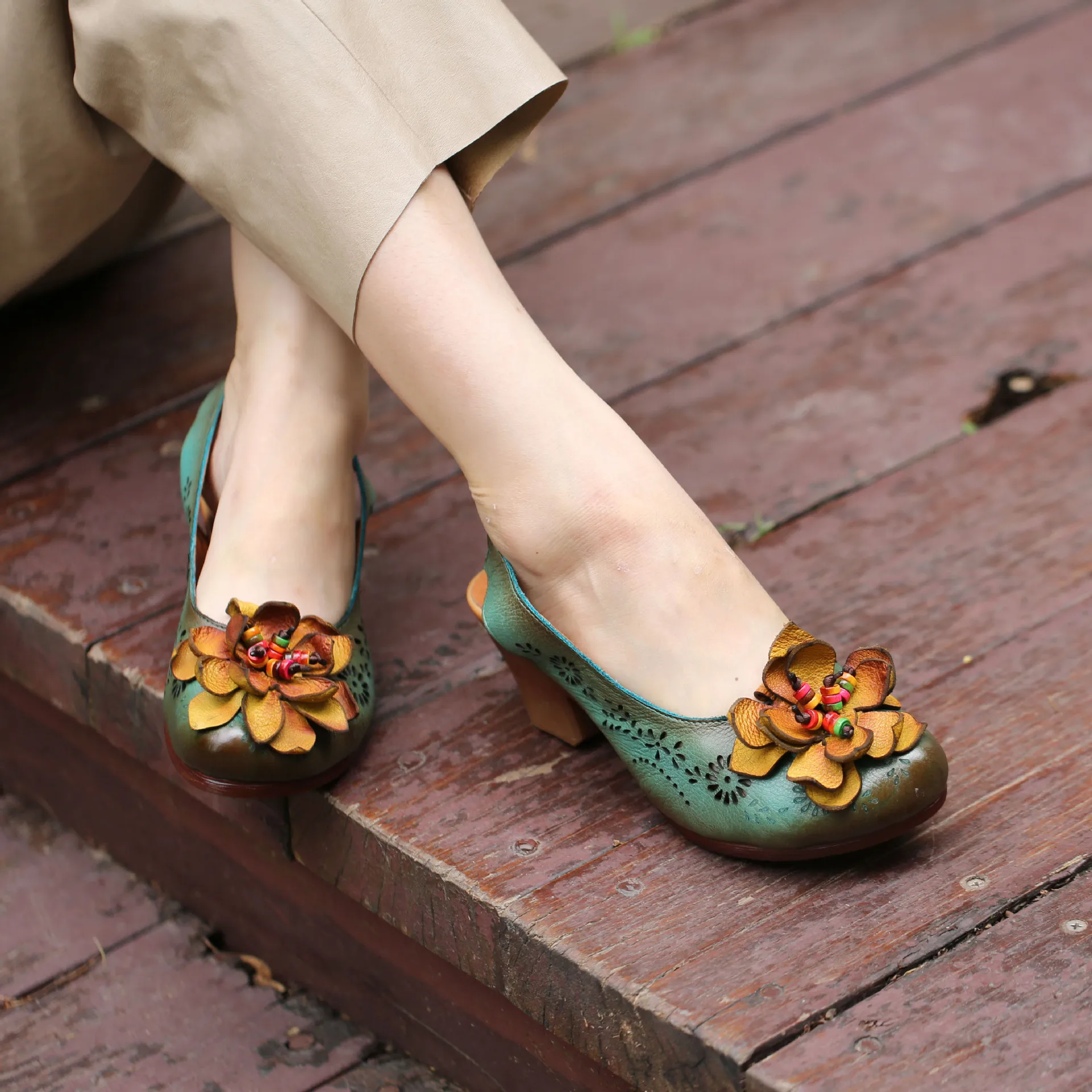 

women 2019 spring autumn genuine leather medium heels office shoes female handmade flower pumps nude heels 038-602