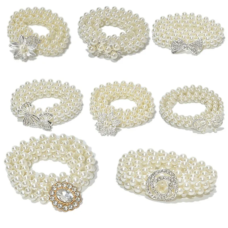 

2019 Luxury White Simulated Pearl Wide Waist Belt for Women Elastic Waistband Shiny Rhinestone Flower Buckle Pearl Chain Belts