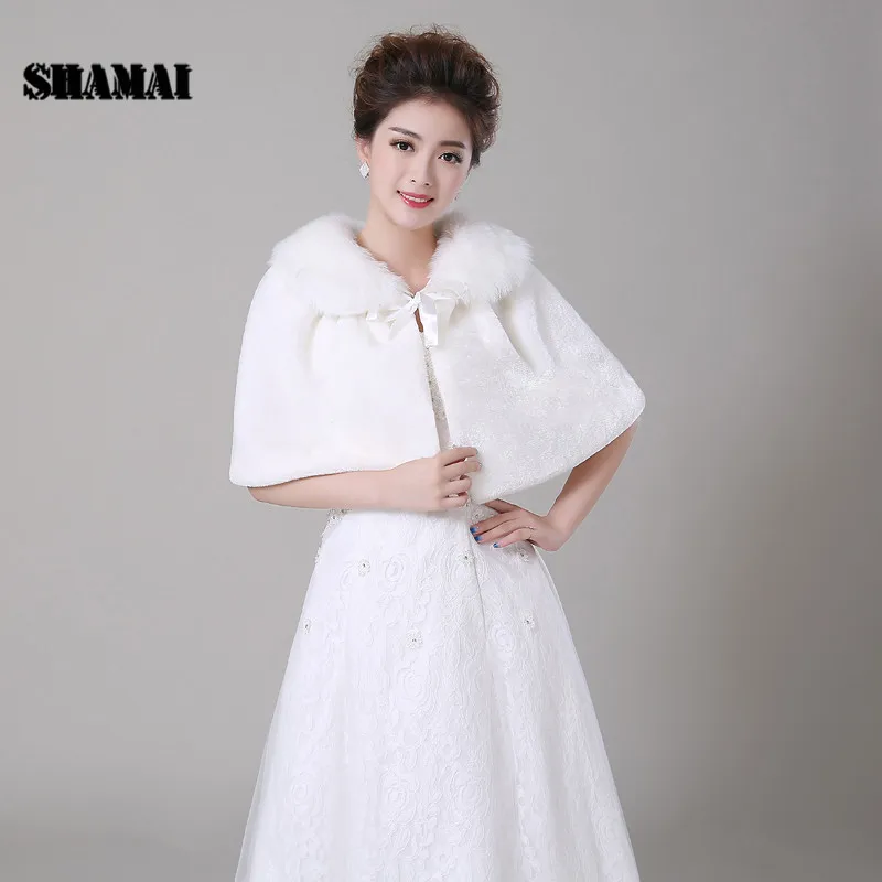 

SHAMAI Fashion Solid Color Lvory Warm Faux Fur Autumn Winter Women Wedding Cape Bolero Bridal Wraps Wedding Party Faux Fur Shawl