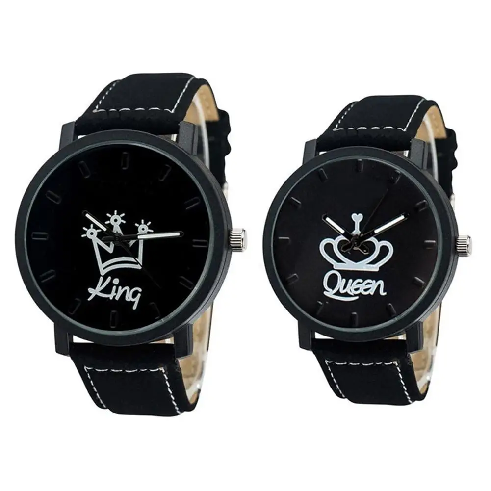 Hot Selling Queen King Letter Printed Crowm Pattern Fuax Leather Analog Quartz Wrist Watch Women Men 4