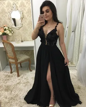 

Sexy Spaghetti Strap Lace Prom Dresses Long 2019 Deep V-Neck Side Slit Backless A-Line Party Dresses Vestidos De Gala