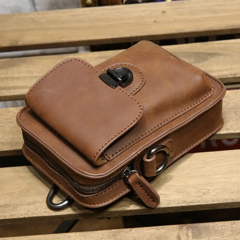 Brand Fashion ! Crazy Horse PU Leather Men Small Waist Pack Mobile Phone Case Travel Bags Small Men's Belt Bag Black Brown XP458