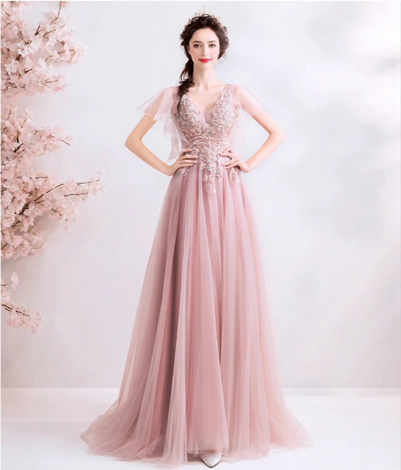 SSYFashion 2019 Новый роскошное вечернее платье Сладкий розовые кружевные аппликации Бисероплетение v-образным вырезом в пол Формальные Вечерние