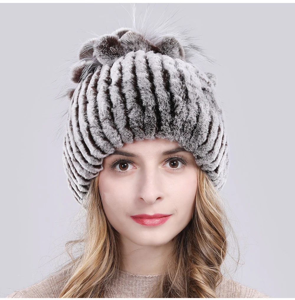 Women Natural Real Rex Rabbit Fur Beanies Hats Winter Warm Knitted Rex Rabbit Fur Caps New Female With Fox Fur Skullies Hat