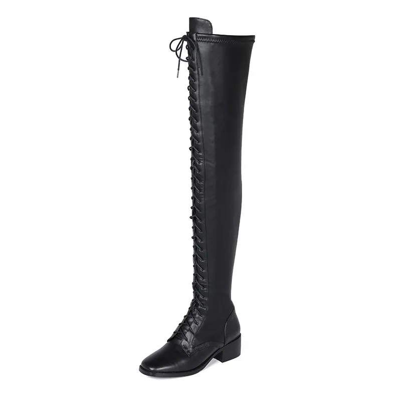 ASUMER new over the knee boots women square toe zip lladies boots cross tied mesh heels Motorcycle boots women big size - Color: black cow leather