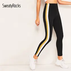 SweatyRocks цветной блок боковые обтягивающие леггинсы женские черные с эластичной резинкой на талии спортивная одежда Фитнес Леггинсы 2019