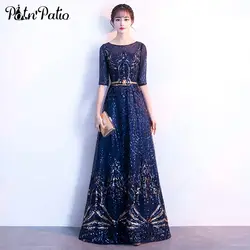 Темно-синие длинные вечерние платья 2018 с рукавами элегантные с круглым вырезом А-силуэта длиной до пола расшитые блестками платья для