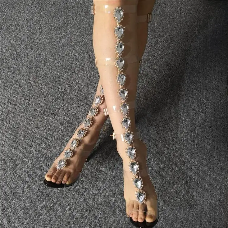 

Luxury Rhinesrtone PVC Clear Buckles Sandalias Mujer Peep Toe T-Strap Knee HIgh Ladies Shoes High Heels Brand Women Sandals