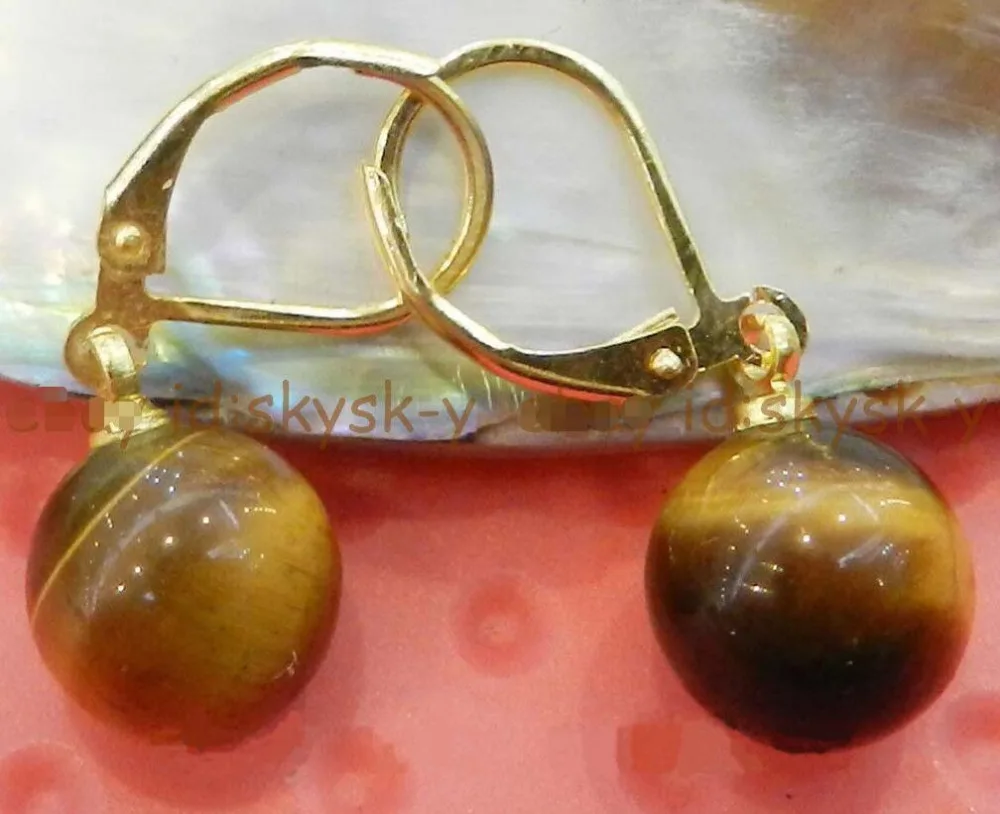 

NATURAL GRADE 10MM GENUINE TIGER EYE GEMS STONE ROUND BEADS DROP DANGLE EARRINGS AAAAAAA Free shipping