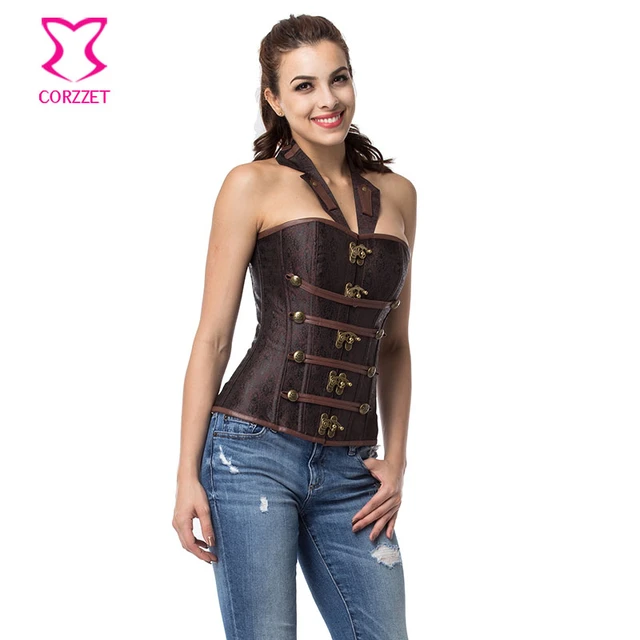 Brown Brocade Halter Neck Military Bustier Corset Gothic Top Sexy Corsets  And Bustiers Steampunk Clothing Korsett For Women - Bustiers & Corsets -  AliExpress